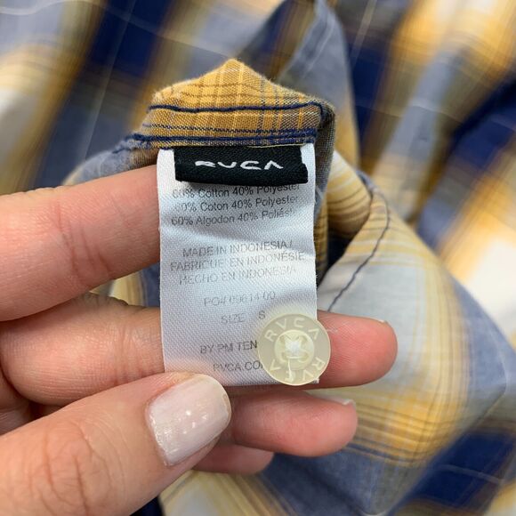 RVCA Shirt Mens S Small Yellow Blue Plaid Button Up Short Sleeve Drop Cut Pocket - Picture 10 of 12